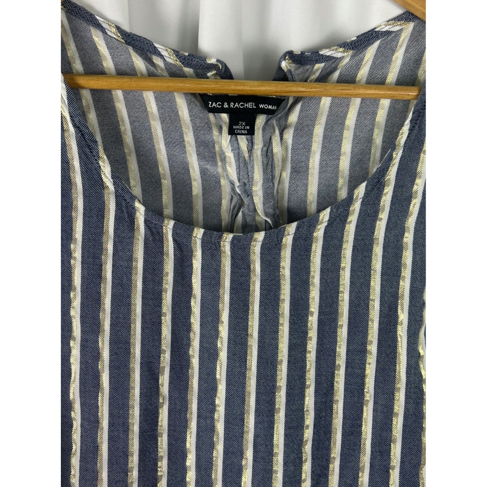 Zac & Rachel Woman Navy Gold Metallic Striped Lace Up Back Sleeveless Top 2X - Picture 6 of 13